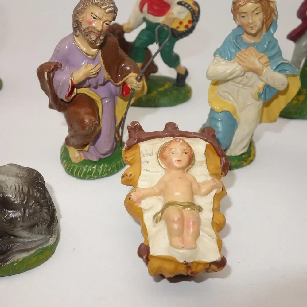 Vintage Signed Nativity Scene Figures 9 Piece Set Chalkware Made in Italy